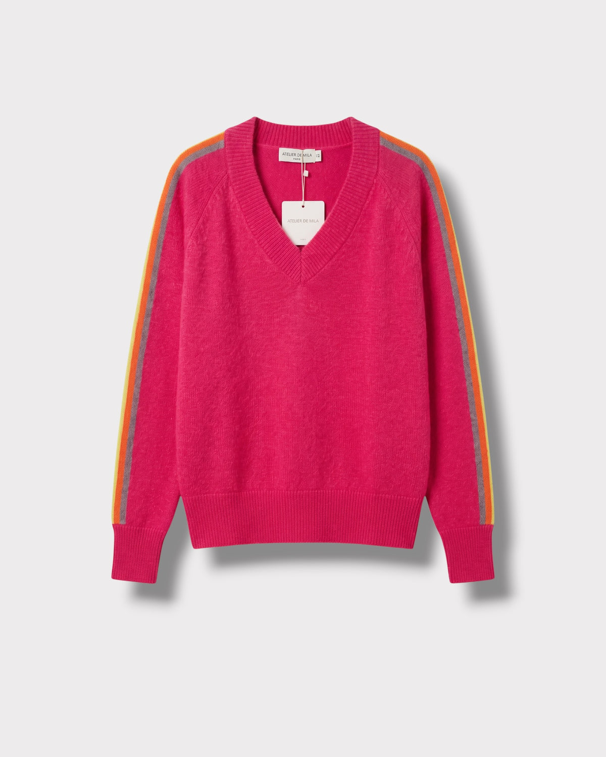 Pull rainbow col V fuchsia — à plat
