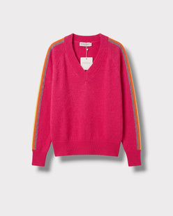 Pull rainbow col V fuchsia — à plat