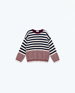 Pull Lou Marine notte — flat sur fond gris, rayures bleu marine et écru, finitions bordeaux
