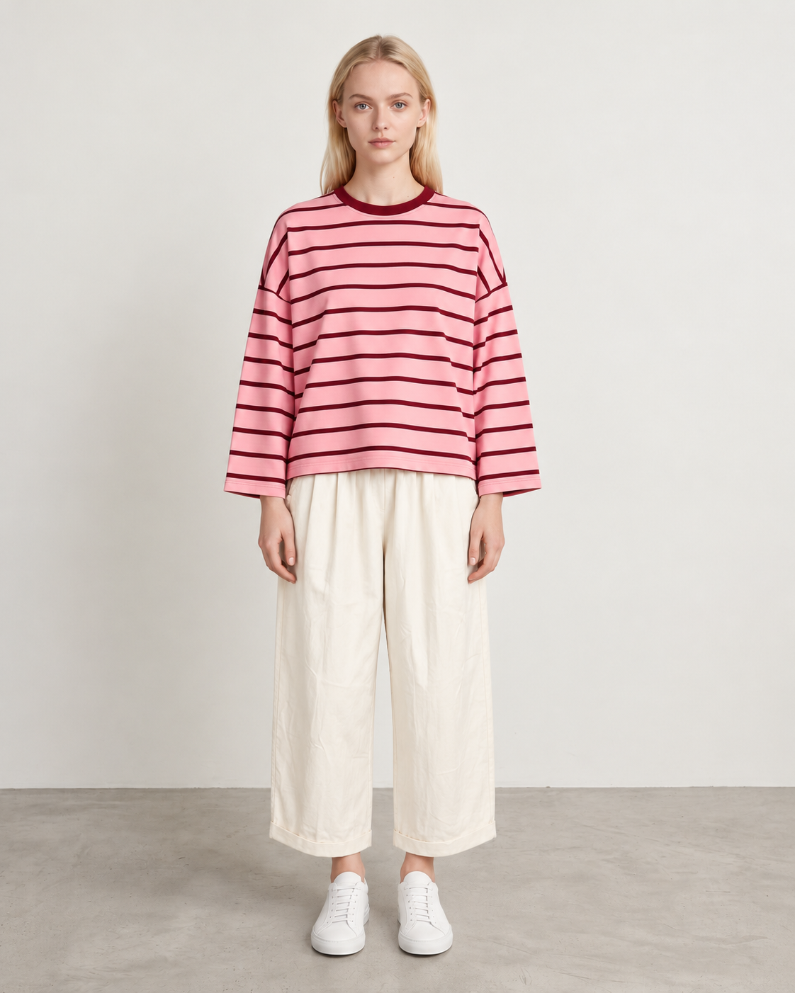Tee-shirt Marinière Gaston Rose & bordeaux porté de face