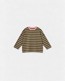 Tee-shirt Marinière Gaston Rose & kaki à plat sur fond gris